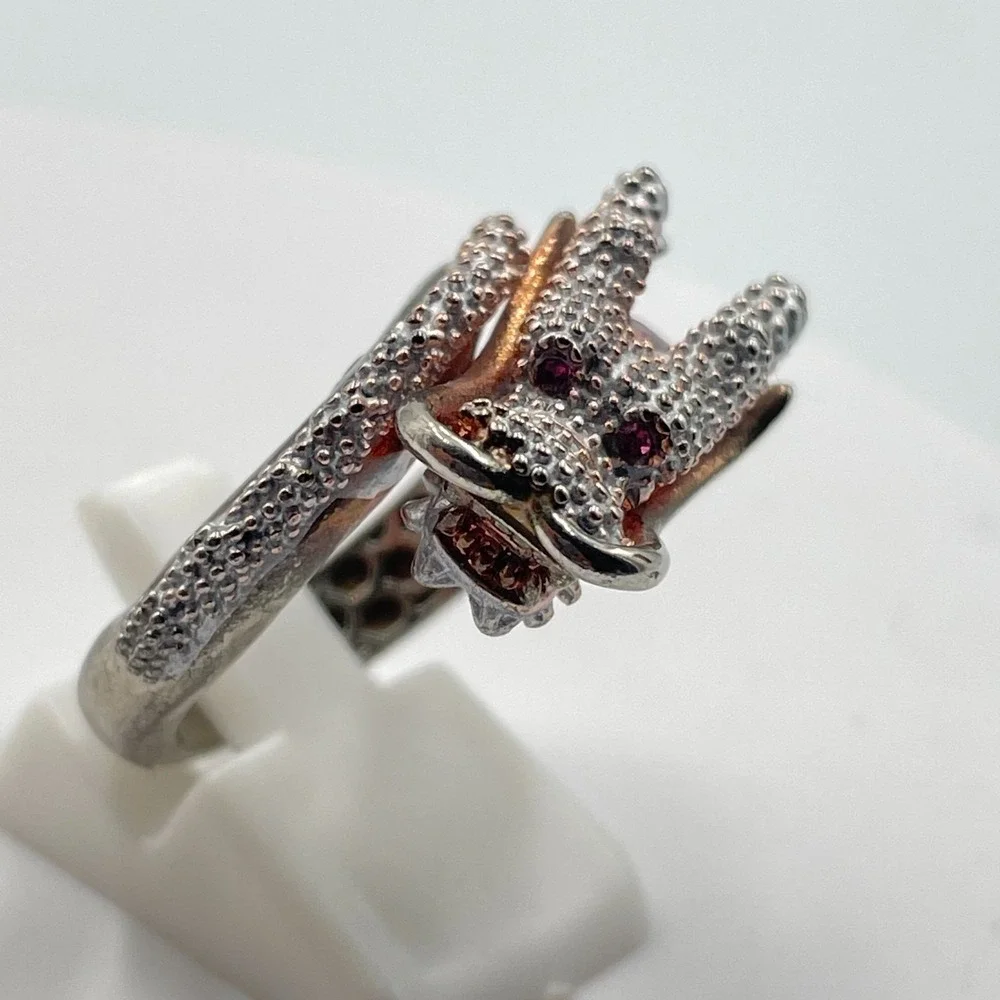 Vintage Silver Tone Textured Dragon Ring Purple Enamel Ruby Red Rhinestone Eyes